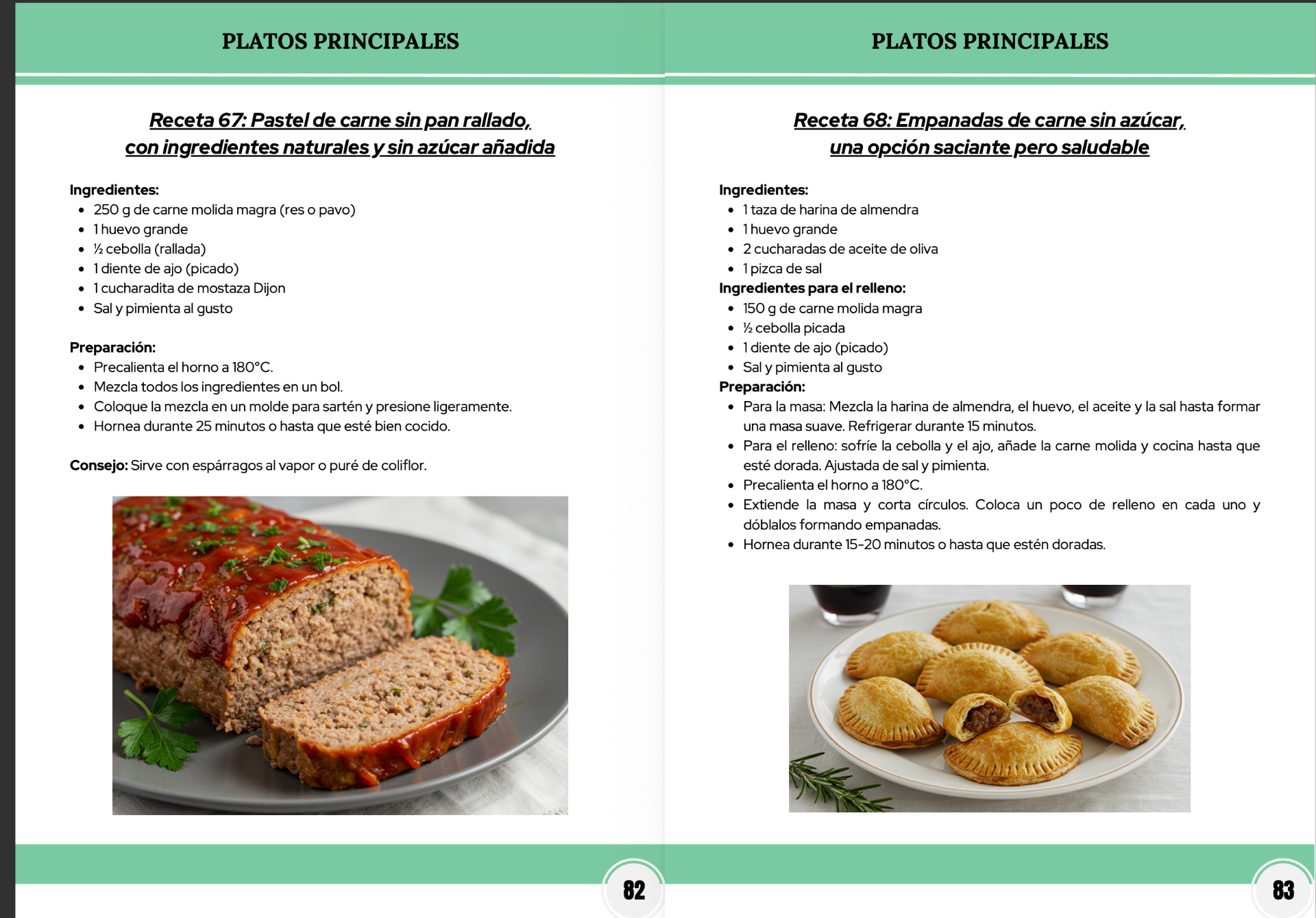 Páginas reales del ebook con recetas de pastel de carne y empanadas saludables